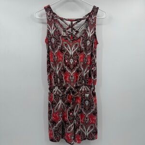 Eye Candy Romper Women Small NEW Orange Brown Sleeveless Paisley Stretch Pockets
